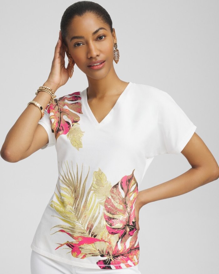 Women's Dolman Foil Leaf Print Tee - Alabaster - Click Image to Close