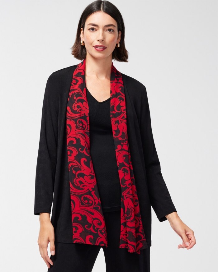 Women's Travelers Chiffon Trim Scroll Print Jacket - Travelers Black - Click Image to Close