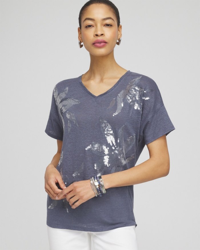 Women's Slate Linen Sequin Tee - Soft Slate