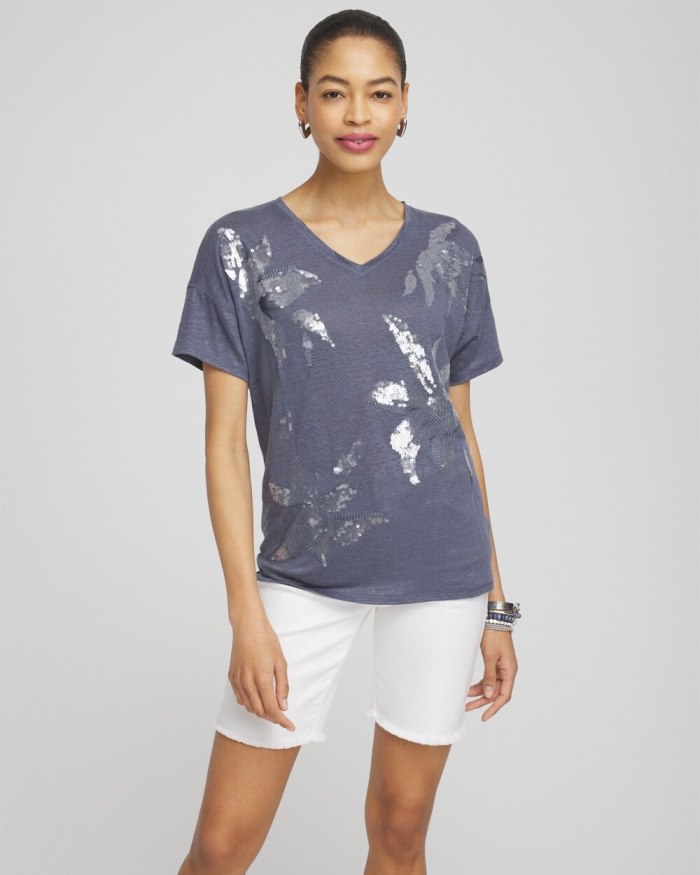 Women's Slate Linen Sequin Tee - Soft Slate