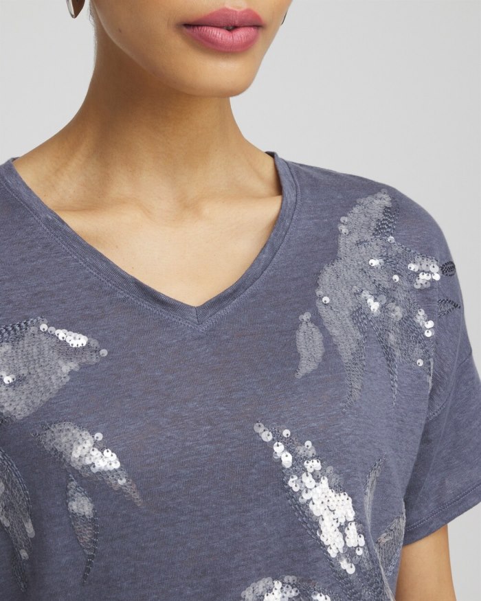 Women's Slate Linen Sequin Tee - Soft Slate