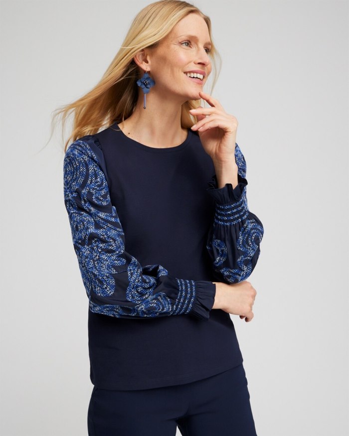 Women's Embroidered Sleeve Top - Classic Navy - Click Image to Close