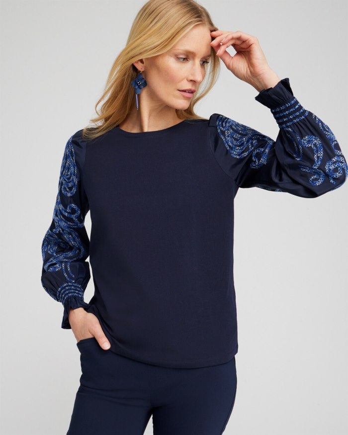 Women's Embroidered Sleeve Top - Classic Navy