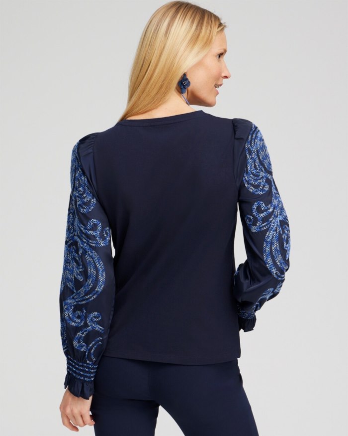 Women's Embroidered Sleeve Top - Classic Navy