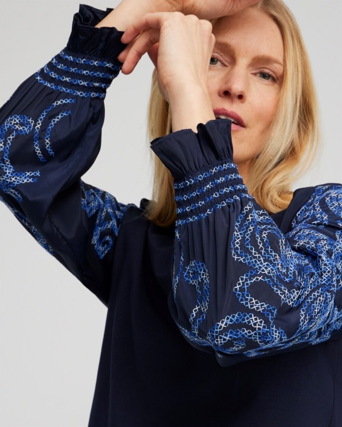 Women's Embroidered Sleeve Top - Classic Navy