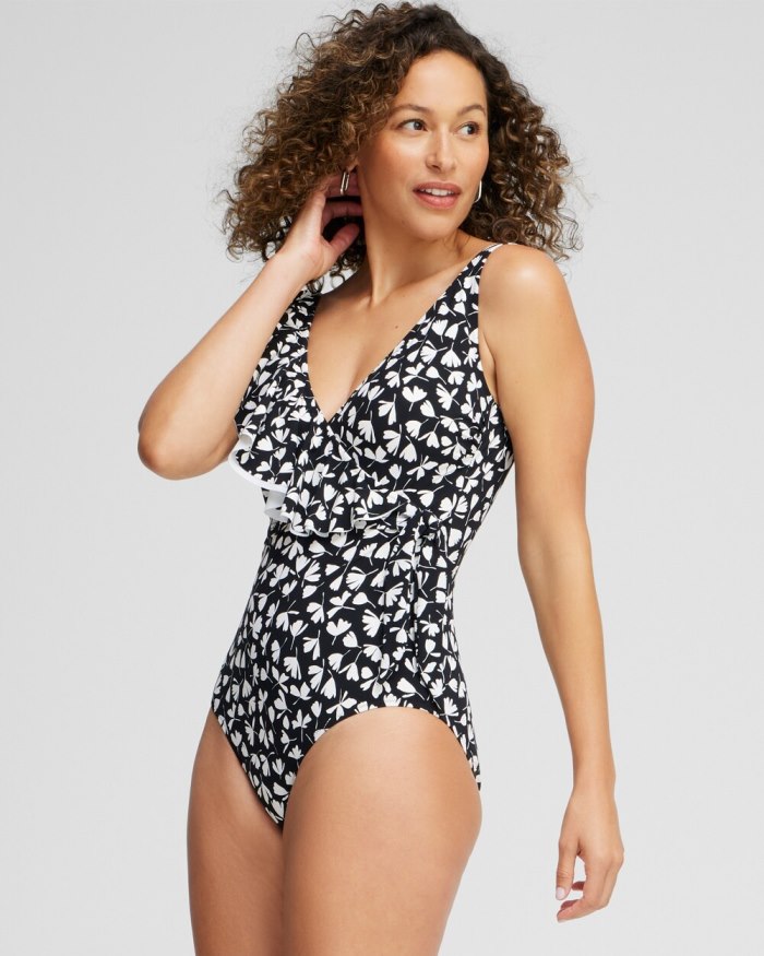 Women's Gottex Ruffle Shoulder One Piece Swimsuit - Black/White - Click Image to Close