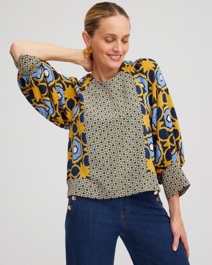 Women's Geometric Print Pintuck Top - Blue Echo - Click Image to Close