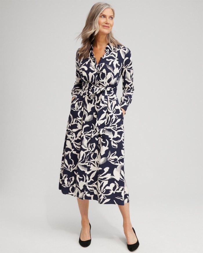 Women's Twill Floral Shirt Dress - Classic Navy - Click Image to Close