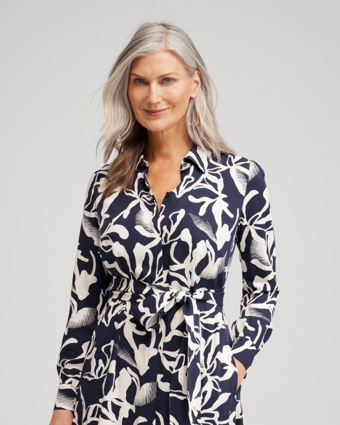 Women's Twill Floral Shirt Dress - Classic Navy