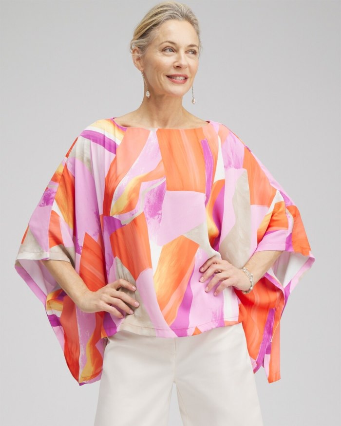 Women's Abstract Print Poncho - Nectarine - Click Image to Close