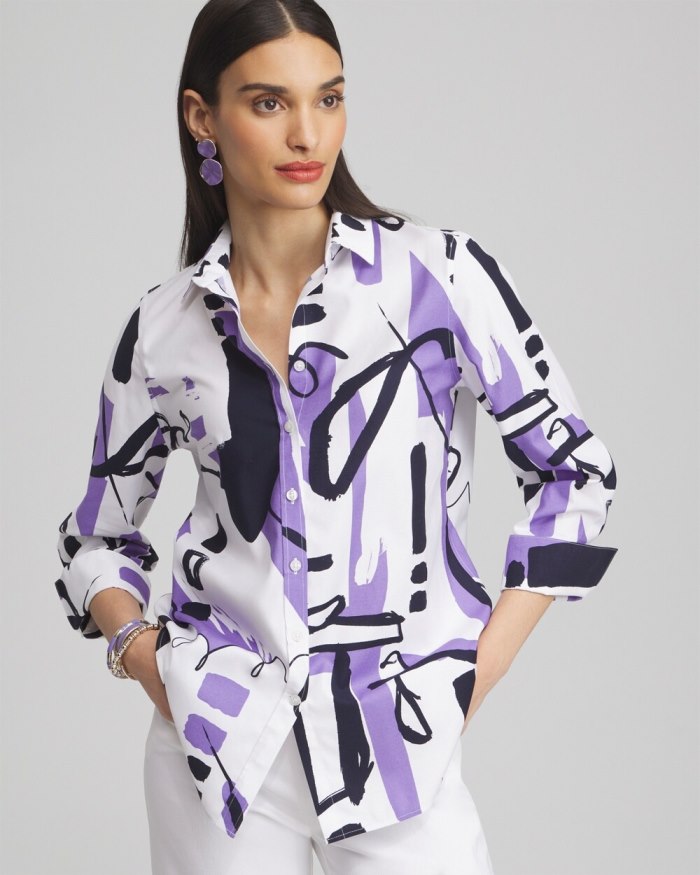 Women's No Iron Stretch Abstract Print 3/4 Sleeve Shirt - Parisian Purple - Click Image to Close