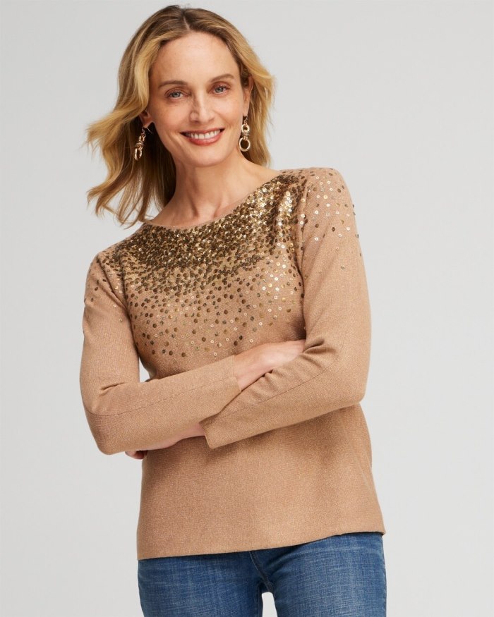 Women's Ombre Sequin Pullover Sweater - Faux Camel Heather