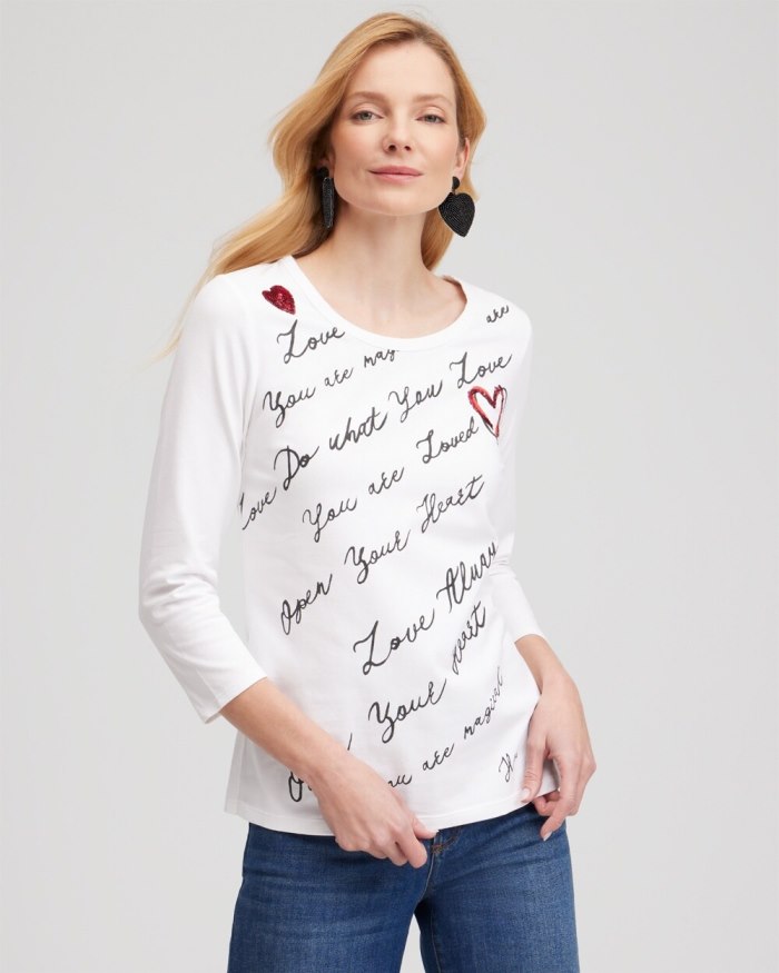 Women's Embroidered Love Note Tee - Alabaster - Click Image to Close