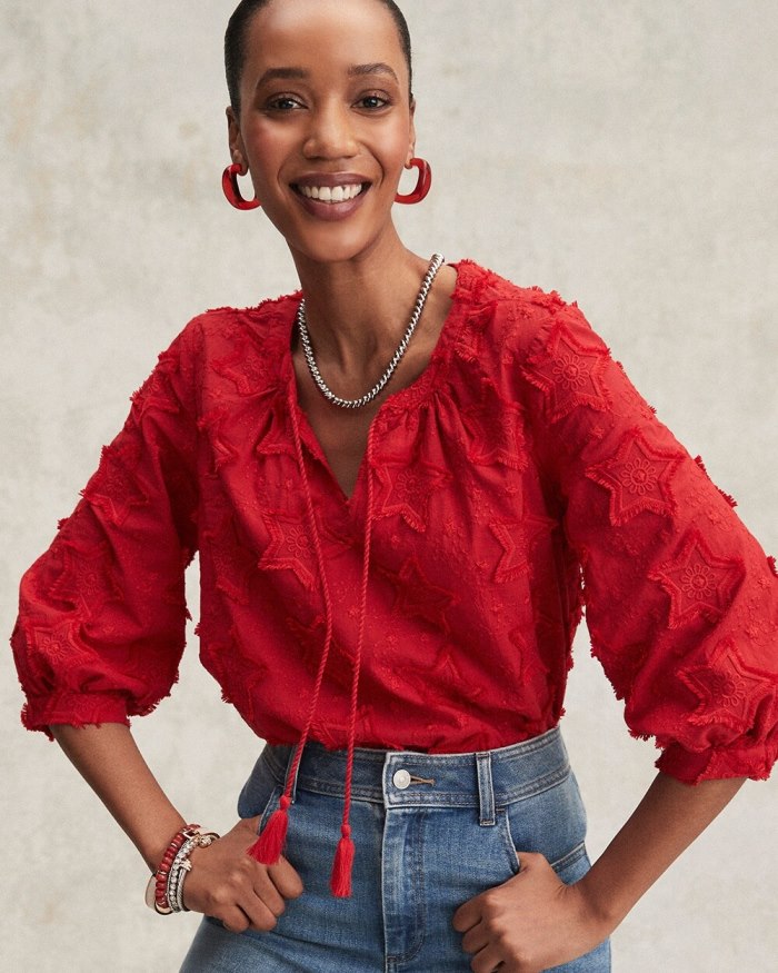 Women's Embroidered Stars Peasant Top - MADEIRA RED - Click Image to Close