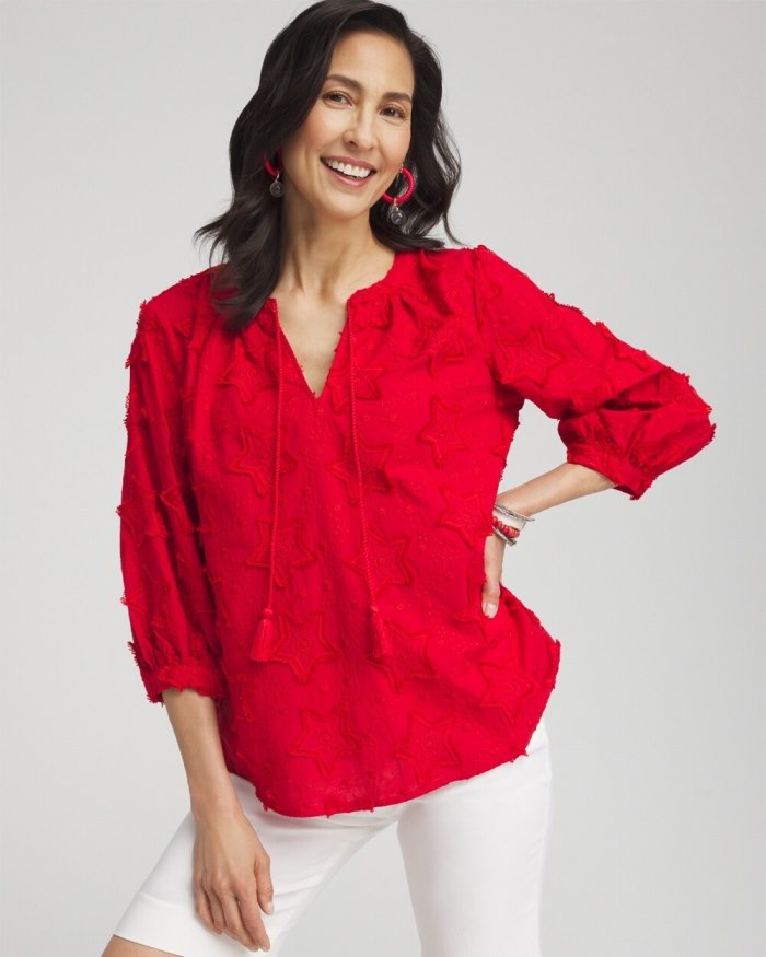 Women's Embroidered Stars Peasant Top - MADEIRA RED