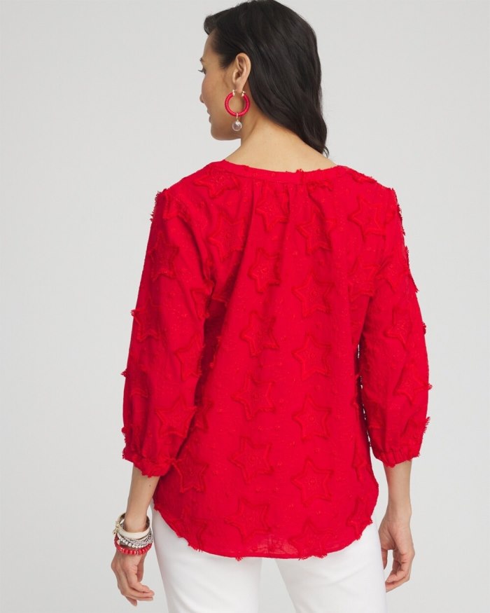 Women's Embroidered Stars Peasant Top - MADEIRA RED