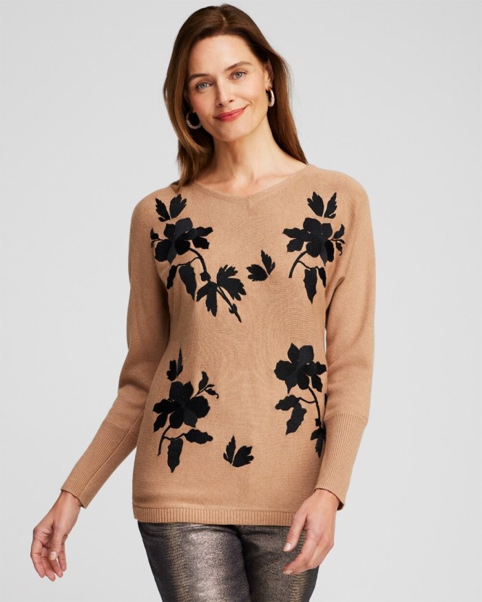 Women's Floral Embroidered Pullover Sweater - Faux Camel Heather - Click Image to Close