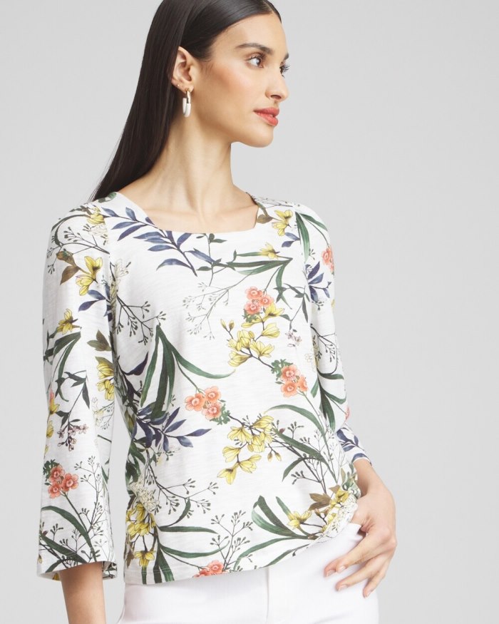 Women's Floral Square Neck Bell Sleeve Top - Alabaster - Click Image to Close