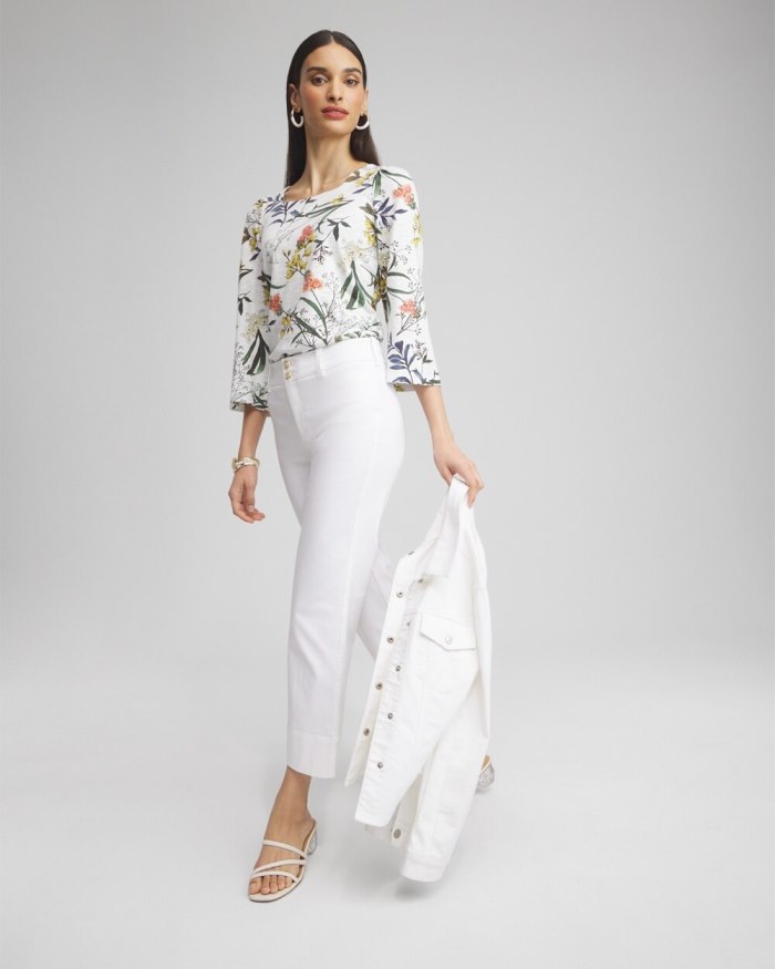 Women's Floral Square Neck Bell Sleeve Top - Alabaster