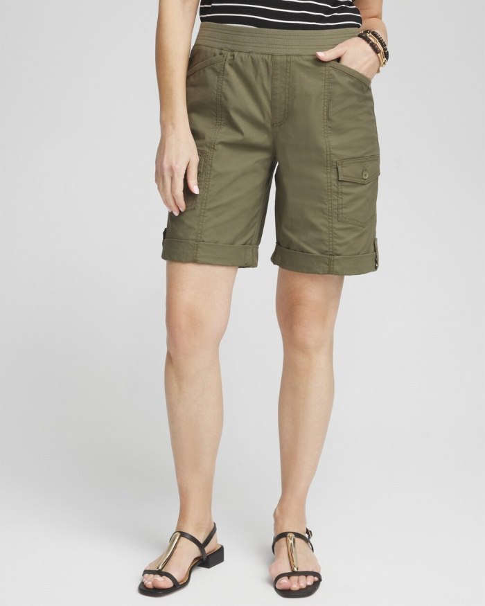 Women's Poplin Roll Tab Shorts - SECRET MEADOW - Click Image to Close