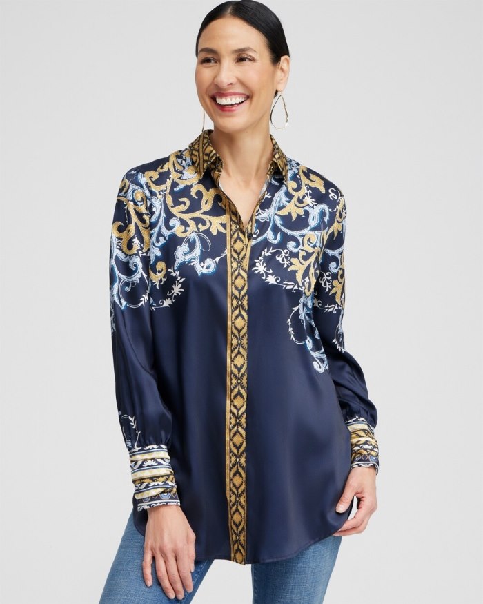 Women's Ruched Cuff Placed Print Tunic - Azores Blue