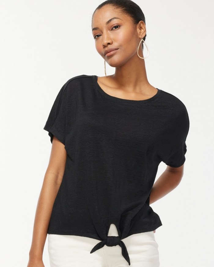 Women's Linen Tie Front Tee - Black - Click Image to Close