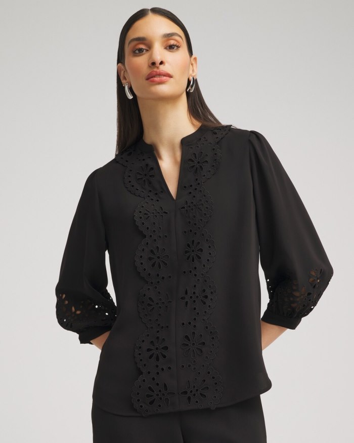 Women's Satin Eyelet Top - Black - Click Image to Close