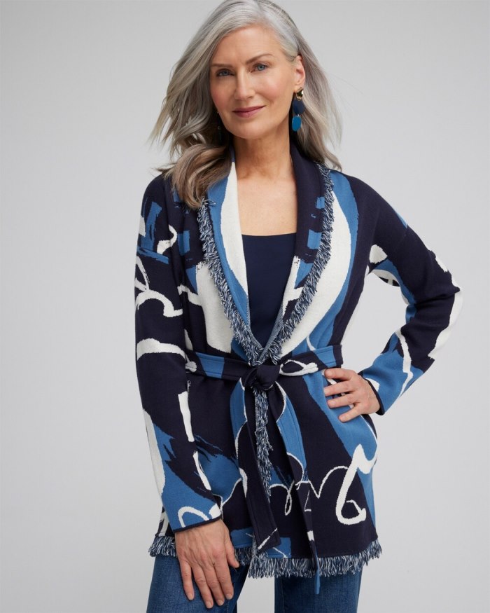 Women's Fringe Abstract Print Cardigan - Classic Navy