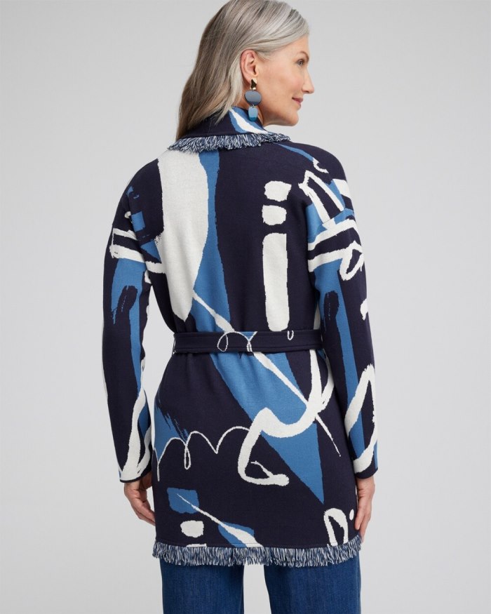 Women's Fringe Abstract Print Cardigan - Classic Navy