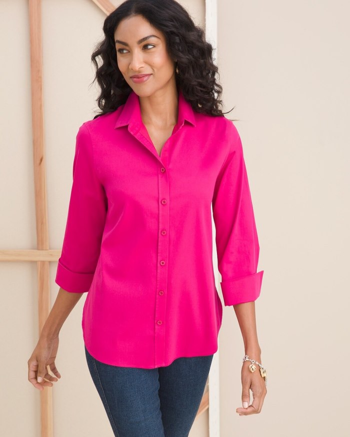 Women's No Iron 3/4 Sleeve Stretch Shirt - Azalea Cherry - Click Image to Close