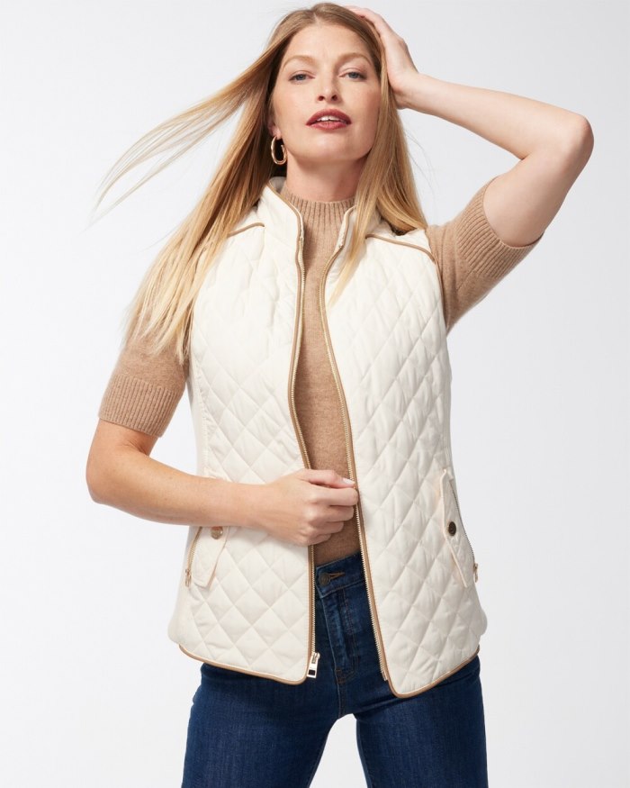 Women's Rib Trim Quilted Vest - English Cream