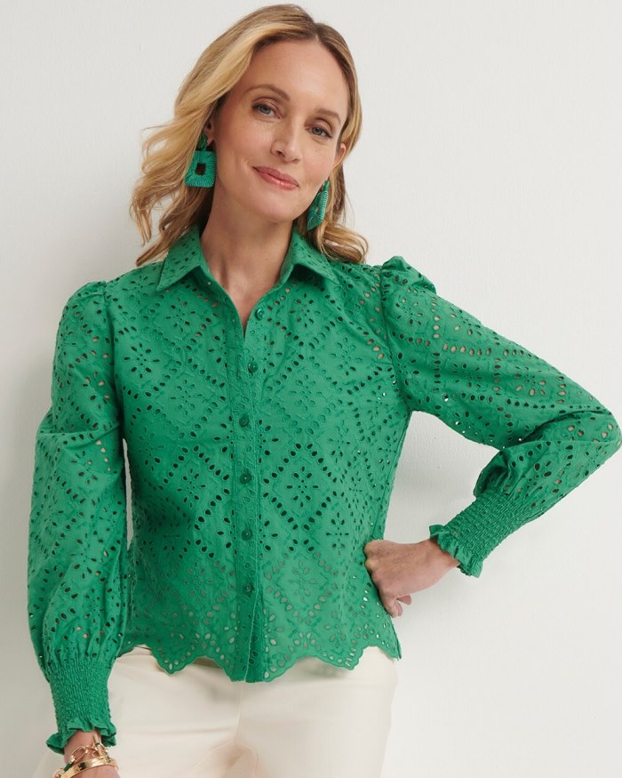 Women's Eyelet Scallop Hem Blouse - Twisted Ivy - Click Image to Close