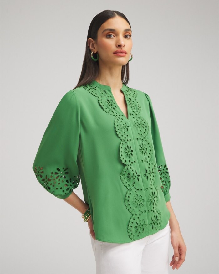 Women's Satin Eyelet Top - Verdant Green