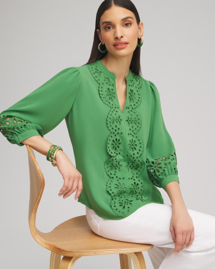 Women's Satin Eyelet Top - Verdant Green