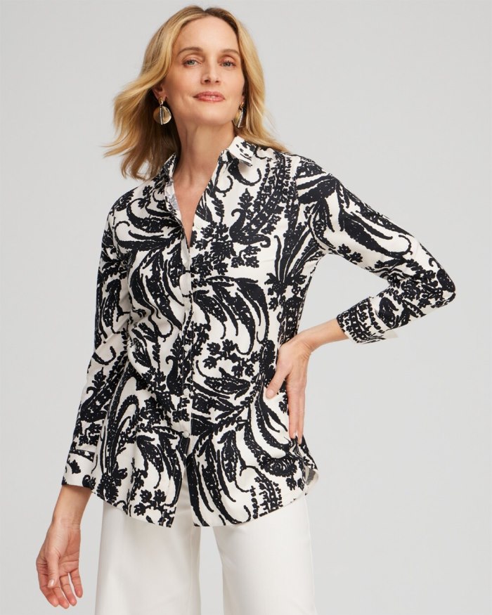 Women's No Iron Stretch Paisley Shirt - English Cream - Click Image to Close