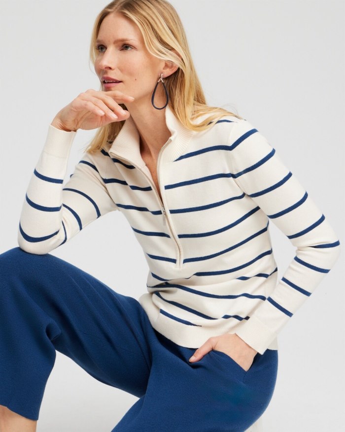 Women's Zenergy Luxe Cashmere Blend Stripe Sweater - Azores Blue - Click Image to Close