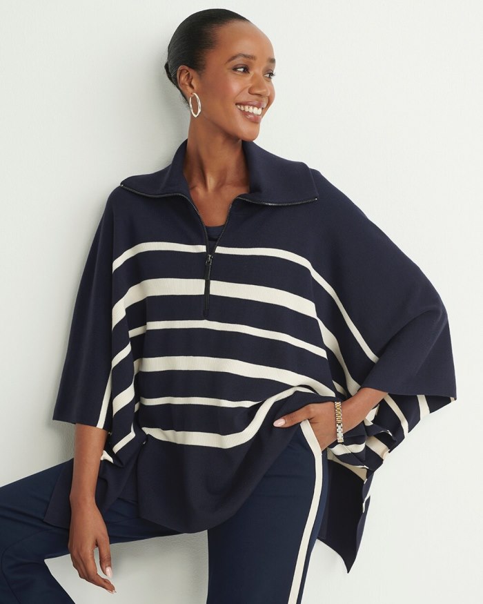 Women's Stripe Zip Collar Sweater Poncho - Classic Navy