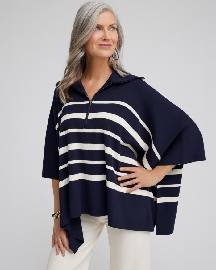 Women's Stripe Zip Collar Sweater Poncho - Classic Navy