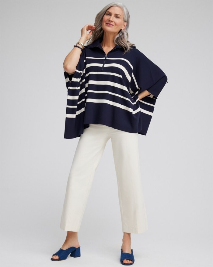 Women's Stripe Zip Collar Sweater Poncho - Classic Navy