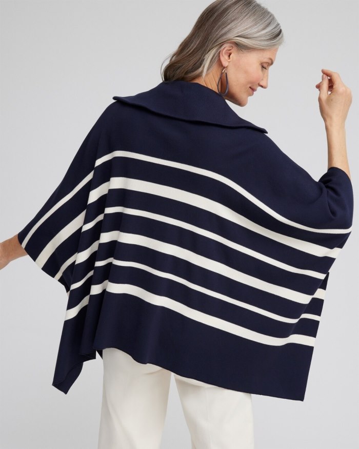 Women's Stripe Zip Collar Sweater Poncho - Classic Navy