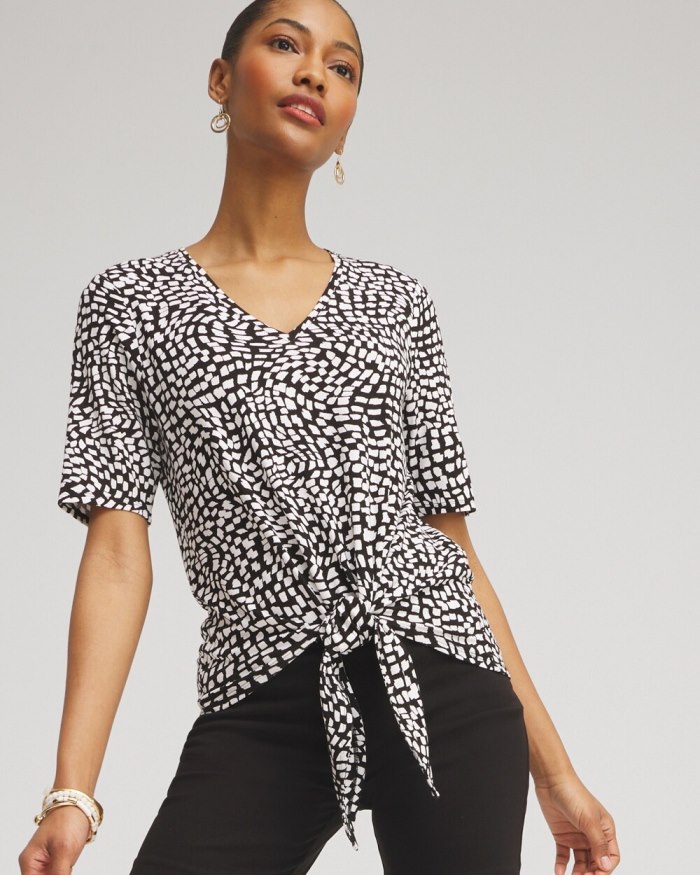 Women's Squares Abstract Tie-Front Top - Black