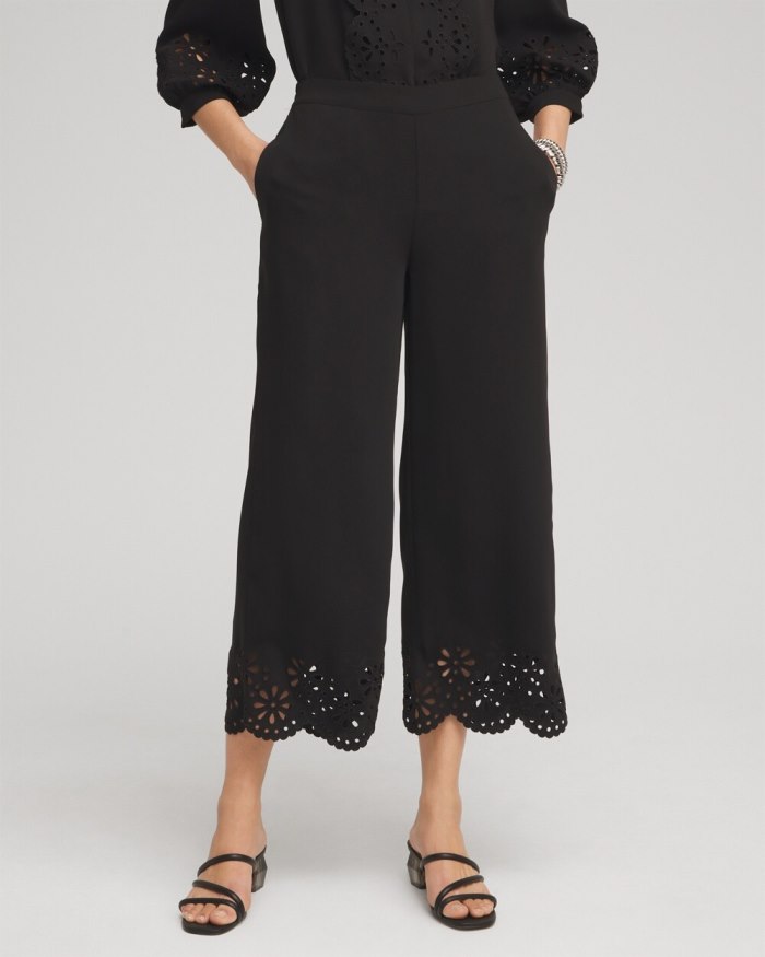 Women's Satin Eyelet Hem Culottes - Black