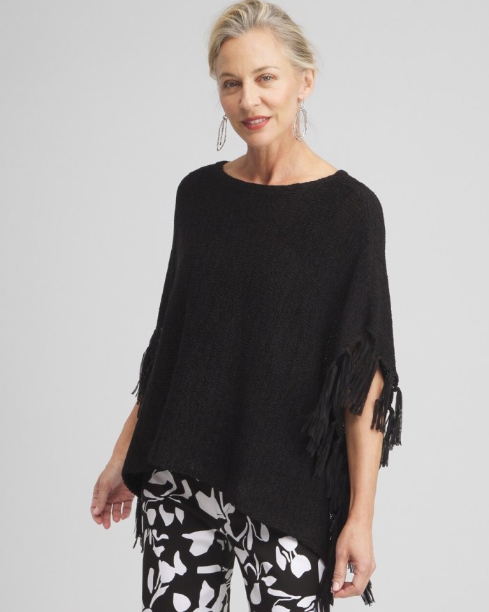 Women's Fringe Knit Poncho - Black - Click Image to Close