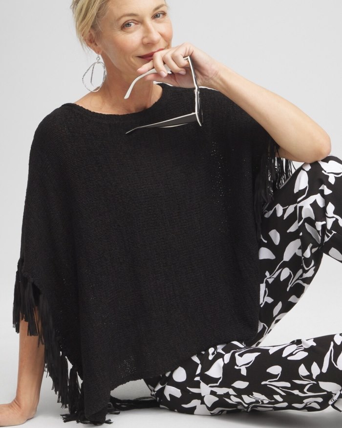 Women's Fringe Knit Poncho - Black