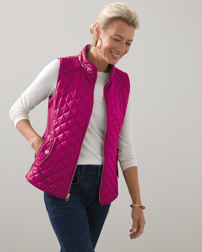 Women's Rib Trim Quilted Vest - Orchid Flower - Click Image to Close