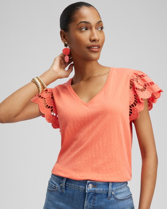 Women's Tiered Eyelet Sleeve Top - Nectarine