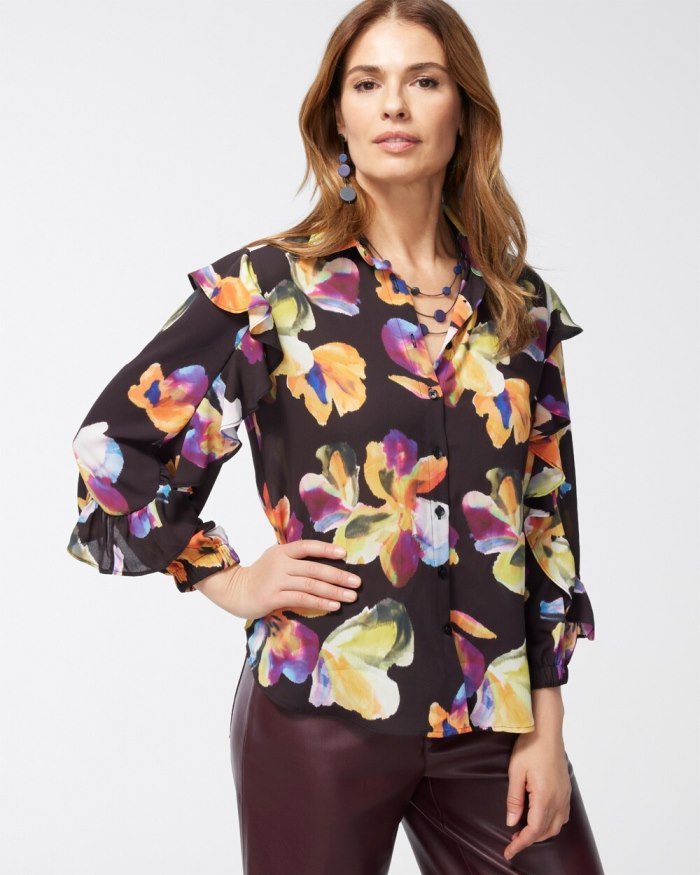 Women's Chiffon Botanical Shirt - Black