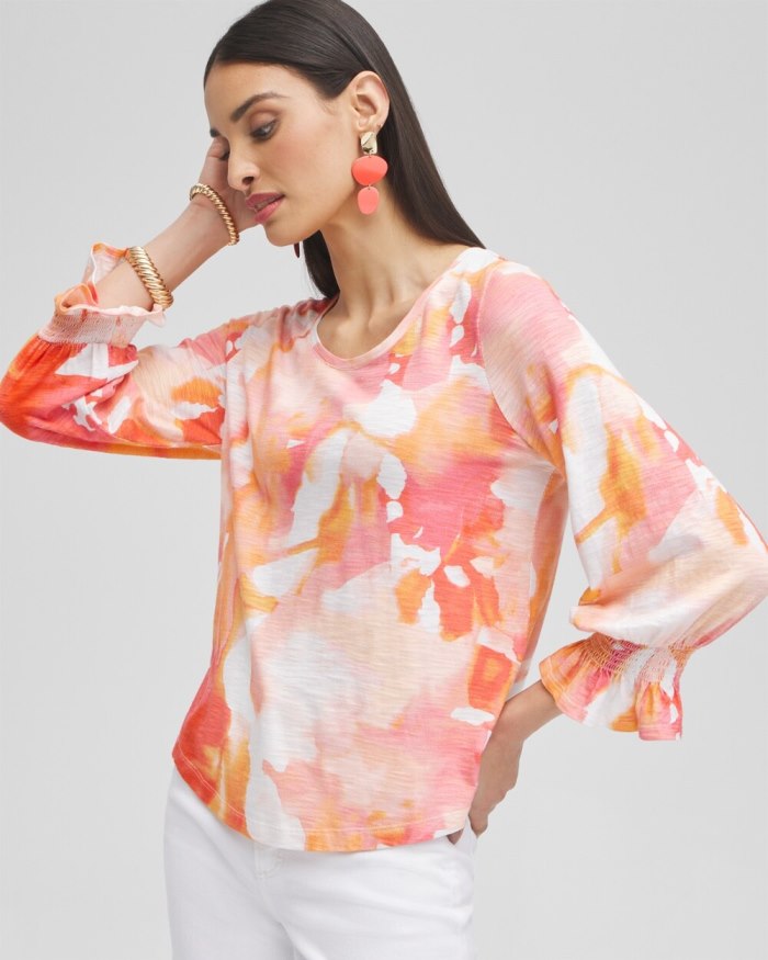 Women's Watercolor Smocked 3/4 Sleeve Tee - Nectarine