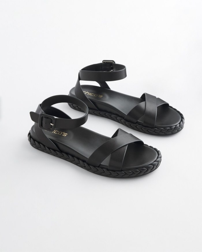 Women's Leather Braided Sandals - Black