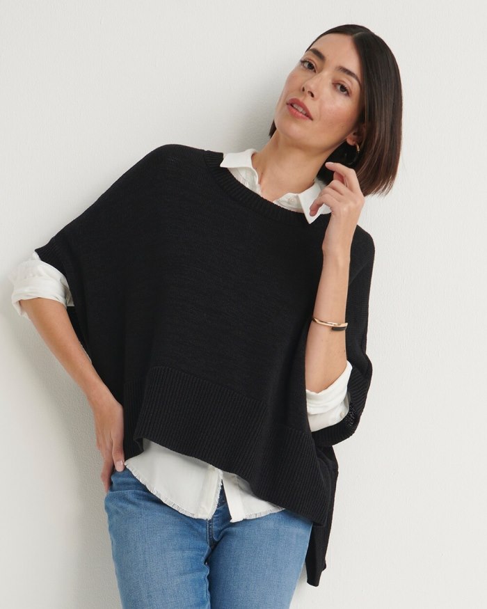 Women's Short Sleeve Knit Poncho - Black - Click Image to Close